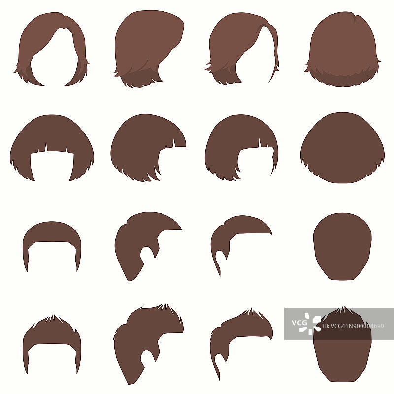 头发，矢量发型剪影，前，后和侧面视图图片素材