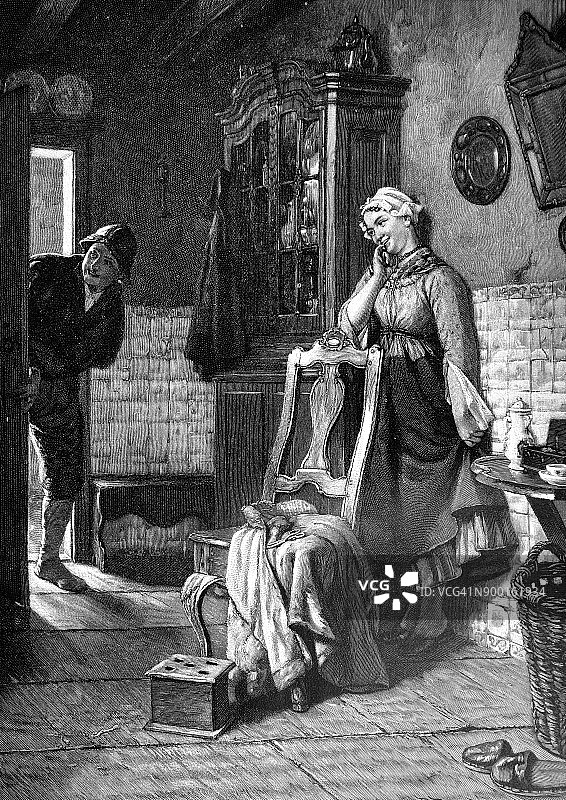 一个年轻人在房子里找他的女朋友，1896年图片素材