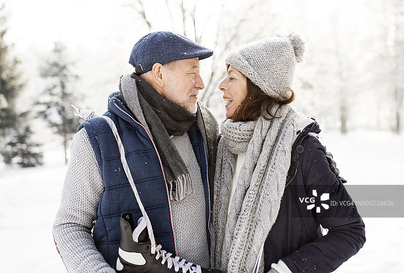 在冬季景观中穿着溜冰鞋的老年夫妇图片素材