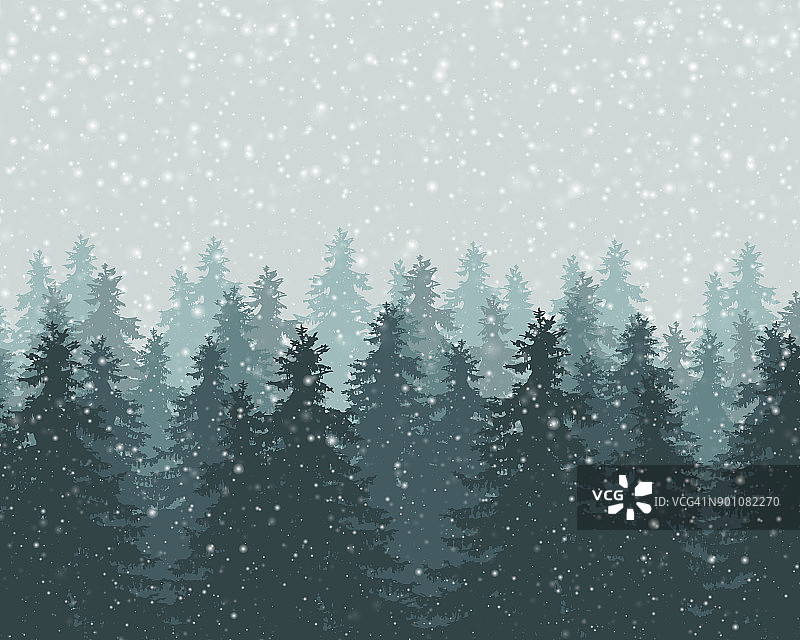 矢量图的冬天森林与飘落的雪花和灰色的天空图片素材