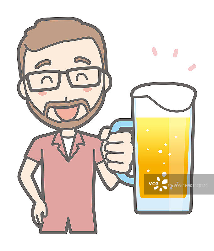 一个戴着一副眼镜，留着胡子的男人在喝啤酒。图片素材