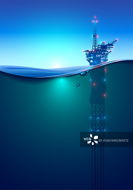 黎明时分，海上石油钻井平台在海洋中。美丽的石油工业背景。灯光和聚光灯下的石油钻塔。拆分视图超过和水下表面。经典的晶石。图片素材