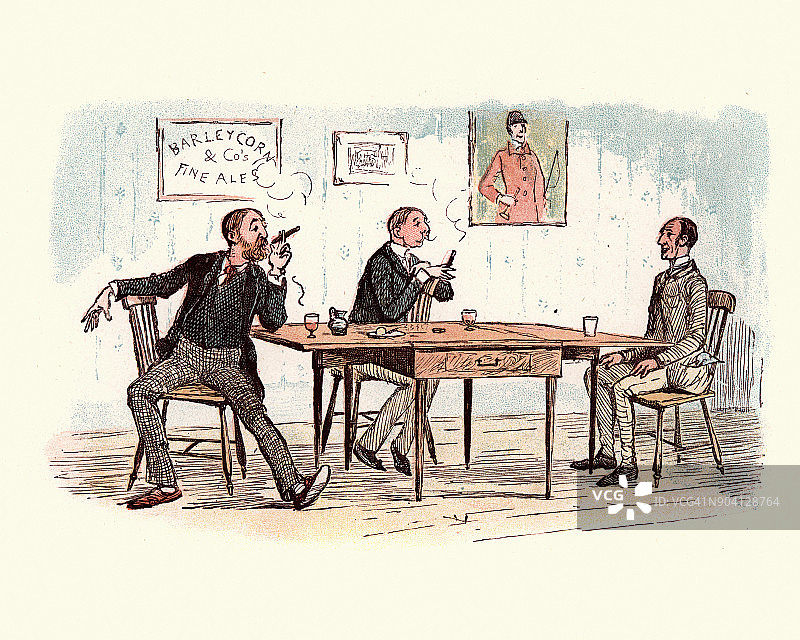 维多利亚时代的男人在当地的酒吧里抽烟喝酒图片素材