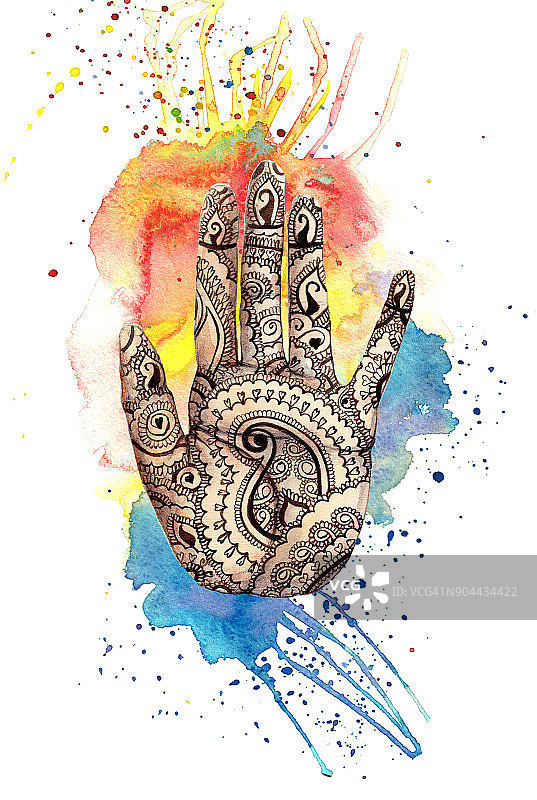 这是一幅水彩画，画的是人类的手，手掌上有一个印着印度图案的结，上面有明亮的油漆，以胡里节为主题，作为装饰，一张白色背景的明信片是一幅版画图片素材