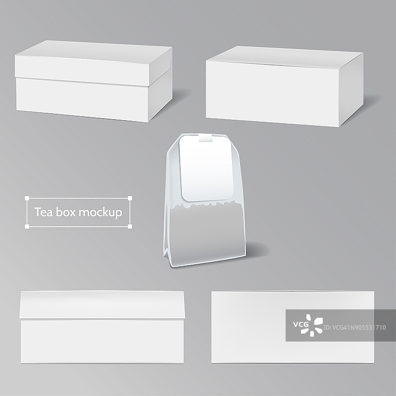 盒子和茶包。3d逼真的插图为您的设计和产品演示。向量eps 10。图片素材