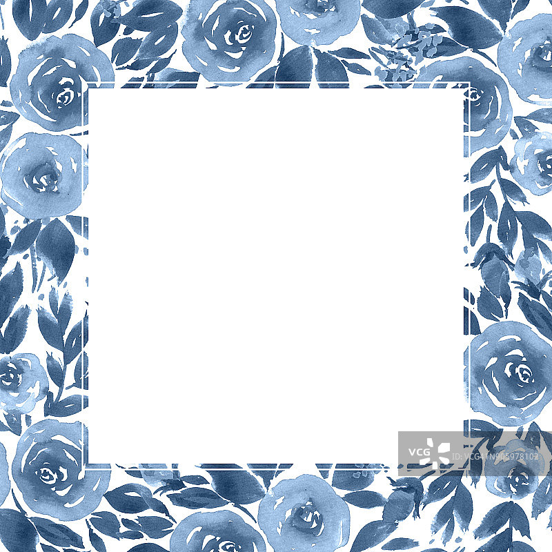 靛蓝色水彩花。手绘玫瑰和树叶的构图图片素材