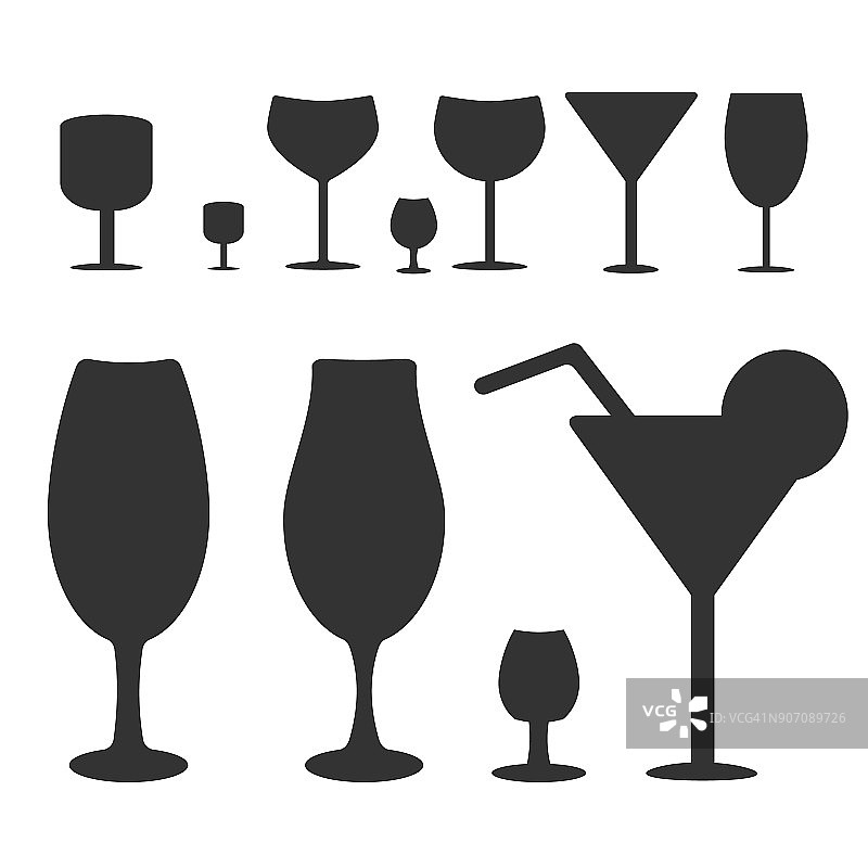 一组不同的葡萄酒杯轮廓的高脚杯孤立在白色的背景。图片素材
