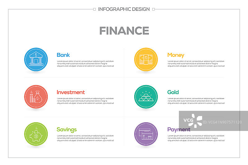财务信息图表与6个选项，步骤或过程。图片素材