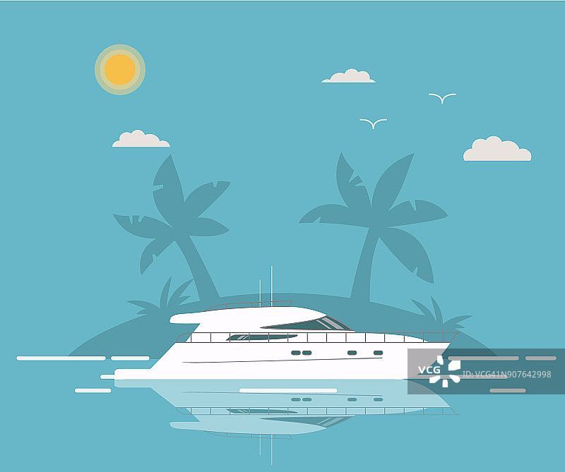 远洋豪华旅行游艇以热带岛屿为背景，以棕榈树为平面风格的矢量。图片素材