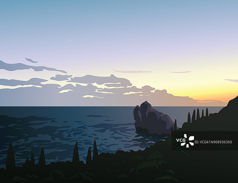 美丽的夏天海景。日落。观景海岸线入海与石岛湾内。黄昏天空中的第一颗小星星。克里米亚。Simeiz。插图。场景为您的设计。向量。图片素材