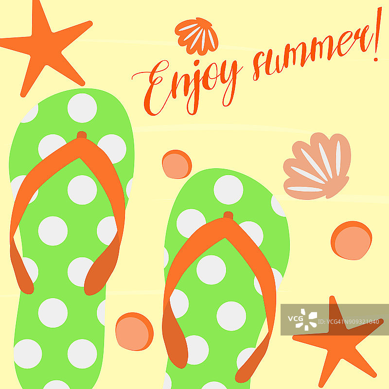 夏季背景与拖鞋上的沙子和贝壳在明亮的颜色矢量插图在平底风格。图片素材