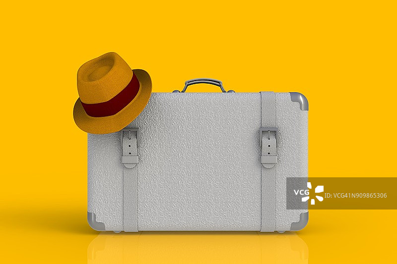 一个带草帽的旅行箱，黄色背景，3D渲染图片素材