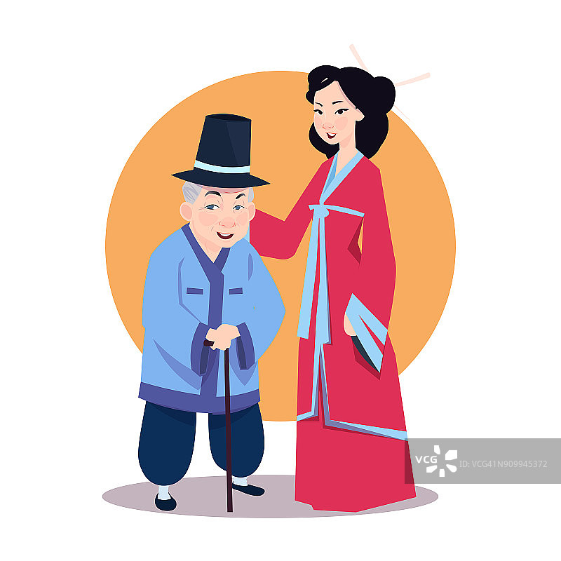 亚洲老人和年轻女子在日本和服韩国人物穿着传统服装图片素材