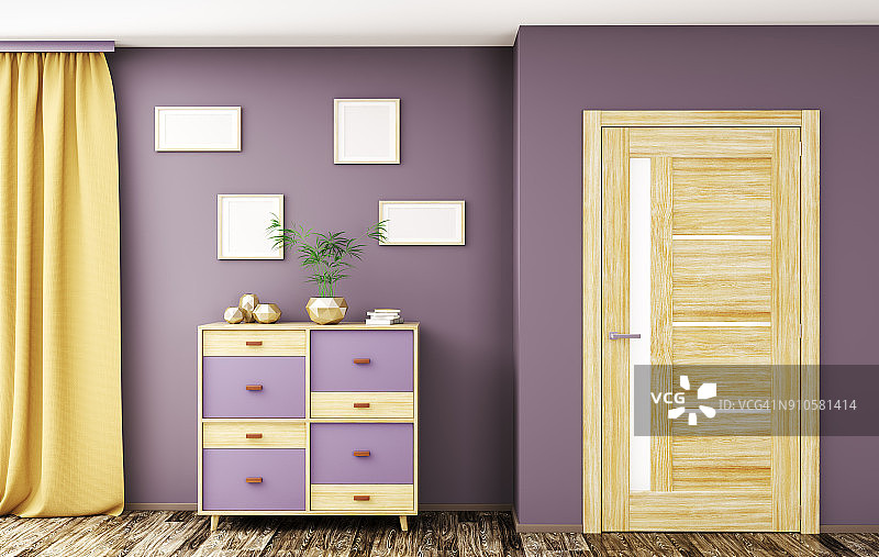 室内有门和木质橱柜3d渲染图片素材