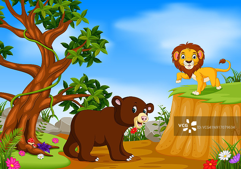 熊和狮子与山崖景图片素材