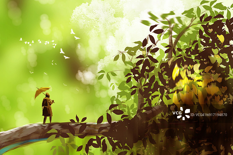一个男人撑着伞站在巨树上，幻想风景，数码艺术风格，插画。图片素材