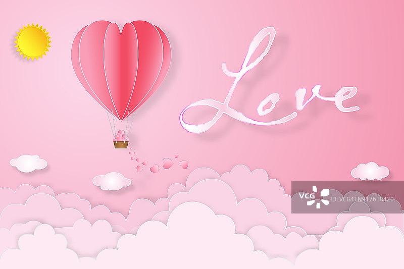 心形热气球和爱的文字在粉红色的天空作为情人节快乐，婚礼和纸艺术概念。矢量插图。图片素材