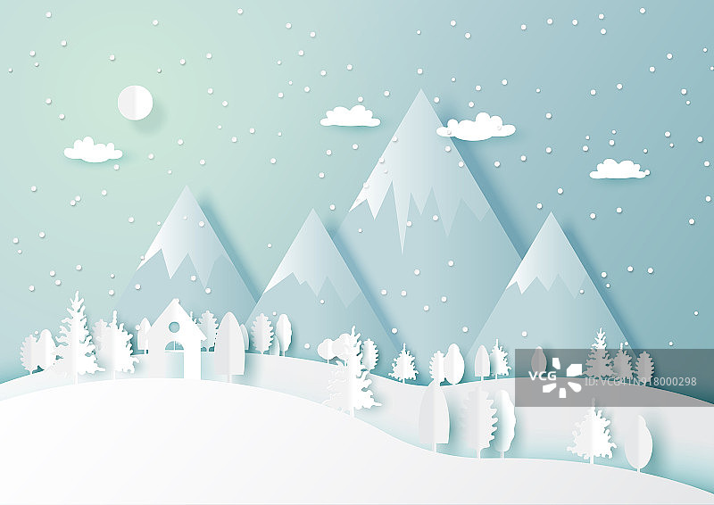 冬季以白房子和森林自然景观为背景图片素材