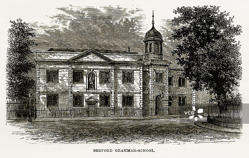 贝德福德文法学校，英国贝德福德，维多利亚版画，1840年图片素材