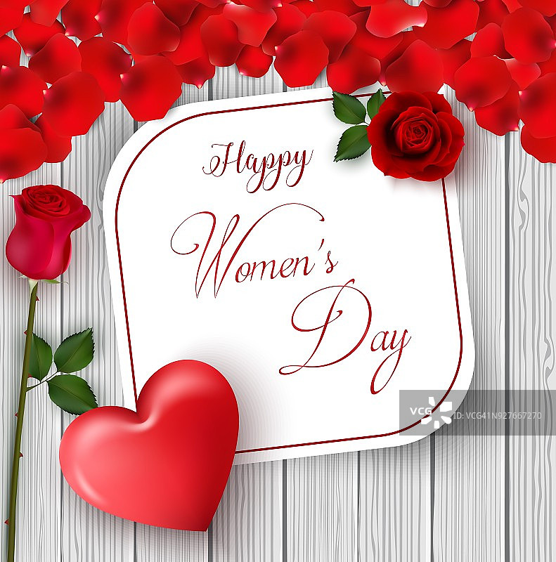 3月8日。国际妇女节快乐贺卡。花玫瑰。红色的心。空白的文本空间。红色的花瓣。木头的背景图片素材