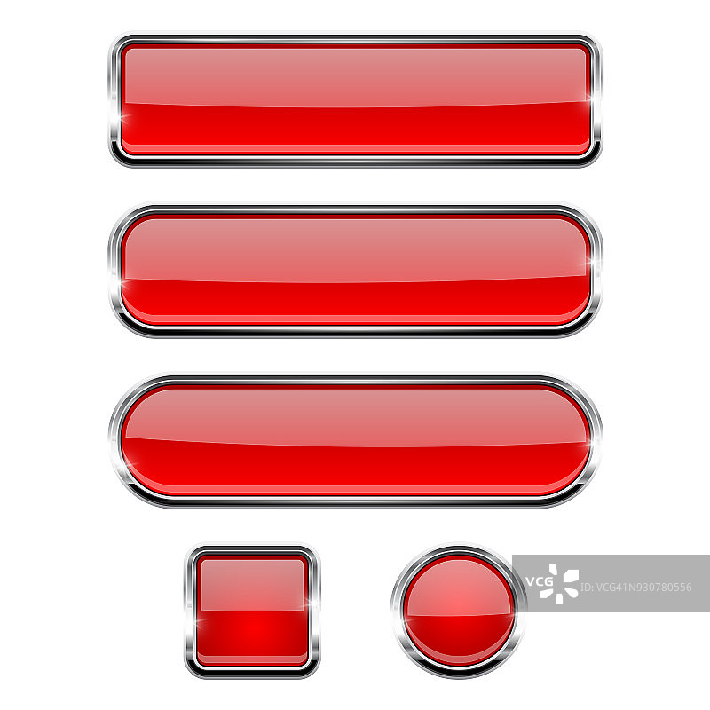 红色的按钮。圆形，方形和椭圆形玻璃网页图标与铬框图片素材