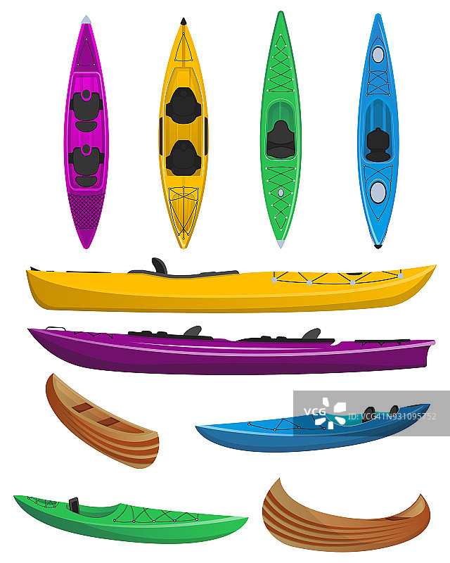 塑料彩色皮划艇孤立设置图片素材