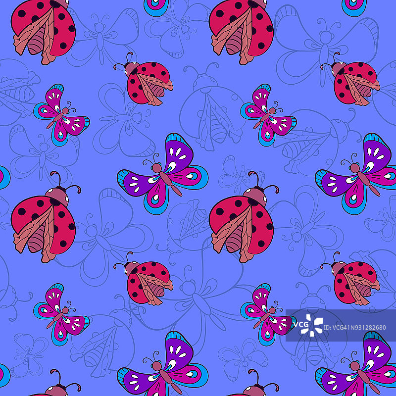 瓢虫和蝴蝶在蓝色的背景图片素材