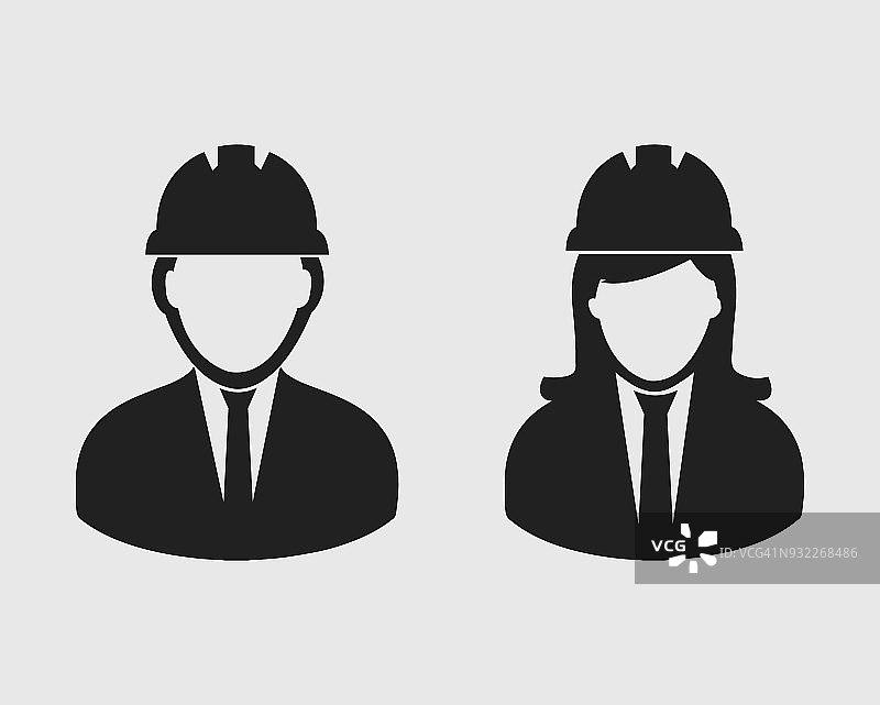 工程师几个图标。男性和女性象征与工人帽。图片素材