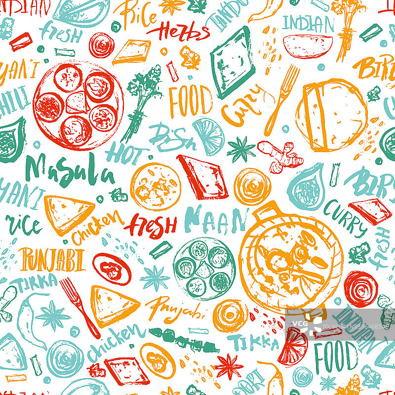 印度食品无缝图案背景与字母。现代素描亚洲菜单图片素材