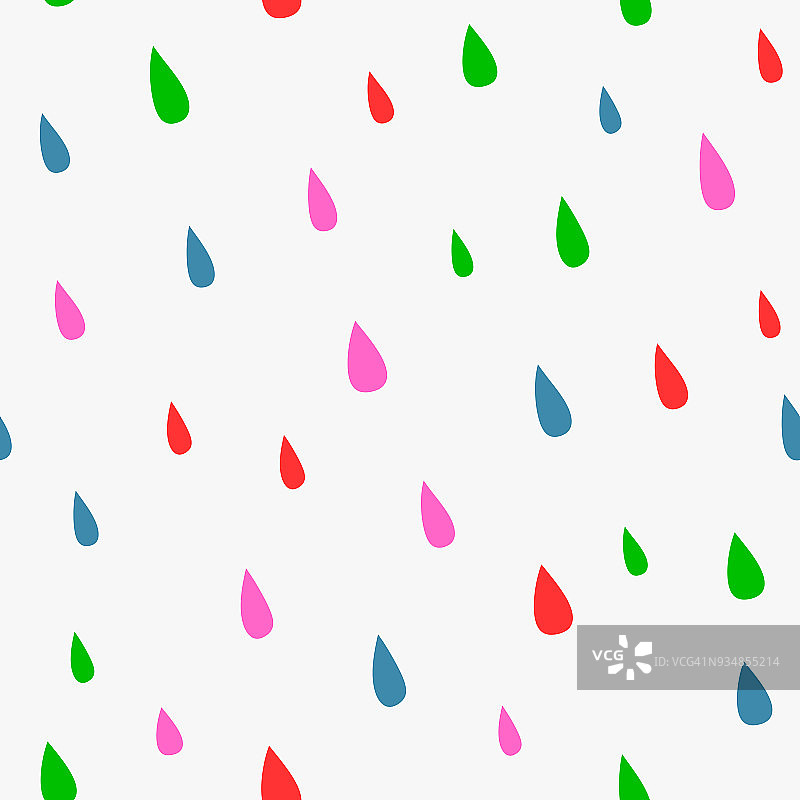 反复的彩色雨滴。可爱的无缝图案与明亮的雨滴。无穷无尽的儿童印刷。灰色，红色，蓝色，绿色，紫色。图片素材