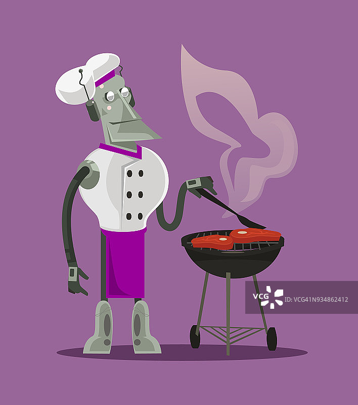智能现代未来机器人炊具厨师机器人物烹饪准备和烤肉。未来幻想新技术概念图片素材