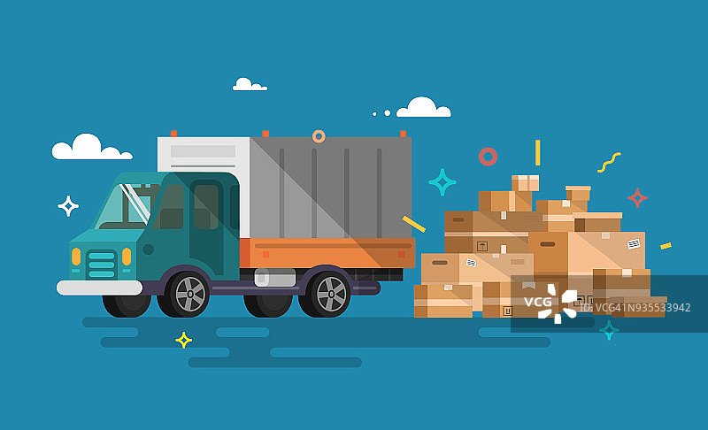 卡车。海运货物交付。运输和物流。平的风格。图片素材