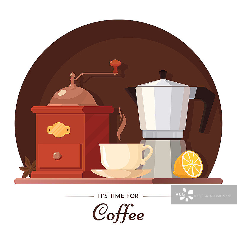 咖啡矢量插图。由老式研磨机，咖啡壶，杯子和柠檬组成。咖啡厅、菜单等设计元素。每股收益10。图片素材