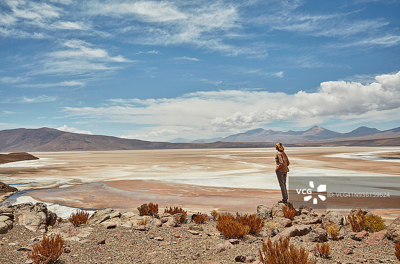 女人站着，看着风景，奇瓜纳，奇瓜纳，波托西，玻利维亚，南美洲图片素材