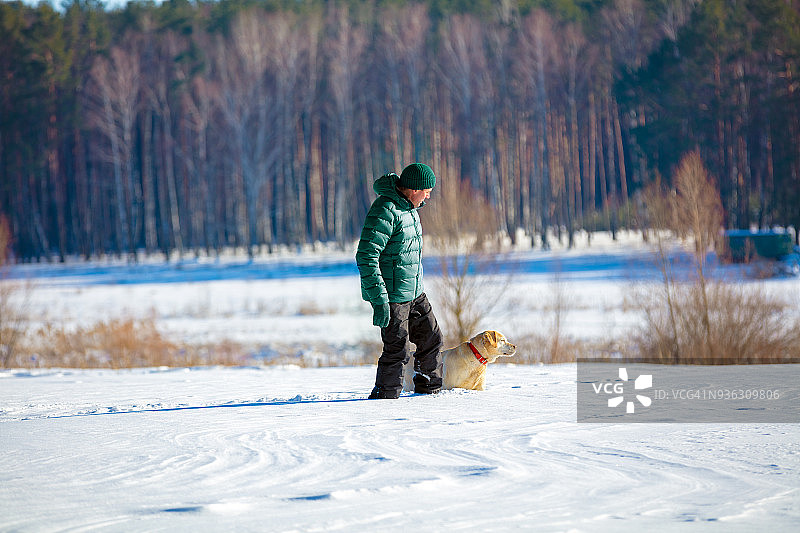 一名男子带着一只拉布拉多猎犬在冬天穿过一片覆盖着雪的田野图片素材