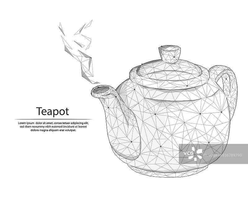抽象形象茶壶以线和点的形式，由三角形和几何形状组成。低聚向量背景。图片素材