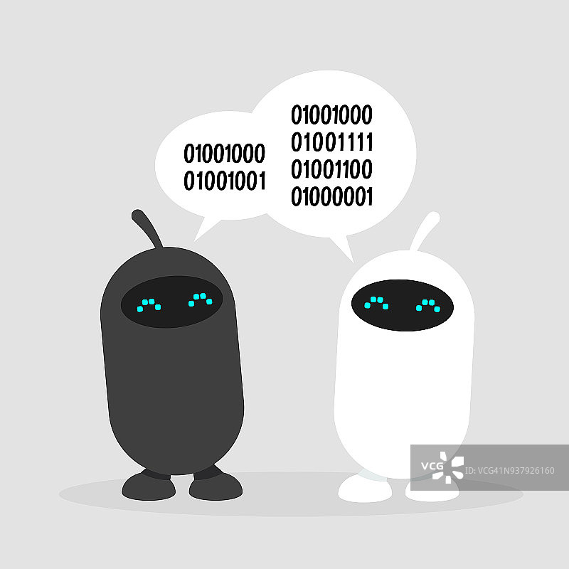 两个可爱的机器人之间的数字对话。数据交换，概念说明。平面可编辑矢量，剪贴画图片素材