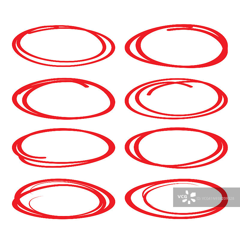 红色椭圆和圆形标记集。高光形状的集合。图片素材