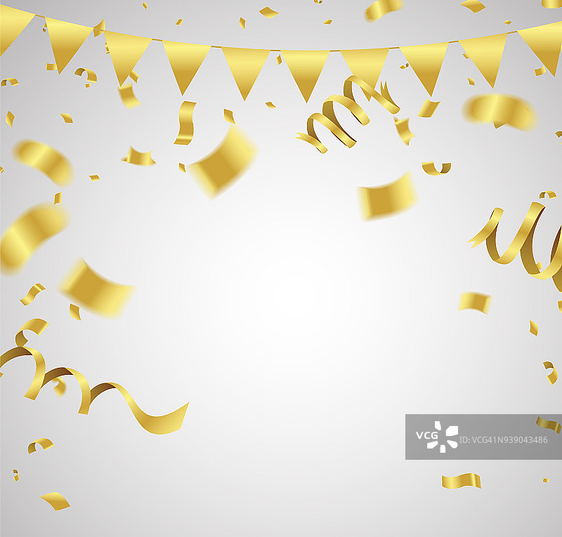 许多落下的豪华金色五彩纸屑和丝带。生日和庆祝活动。向量图片素材