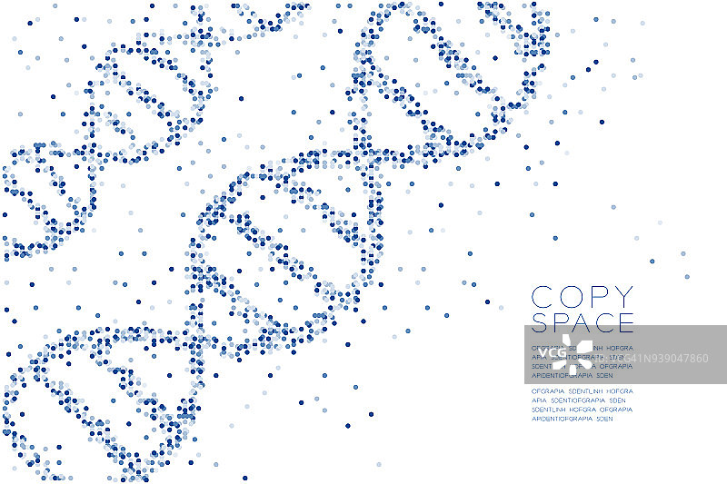 抽象几何圆点图案DNA形状，科学概念设计蓝色插图孤立在白色背景与复制空间，矢量eps 10图片素材