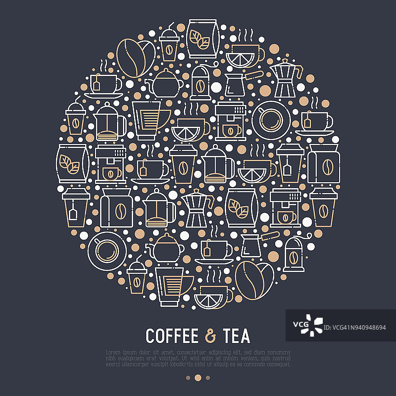 咖啡和茶的概念与细线图标:带走纸杯，cezve，咖啡机，茶壶，卡布奇诺，杯，茶与柠檬，研磨机。现代矢量插图横幅，网页，印刷媒体。图片素材