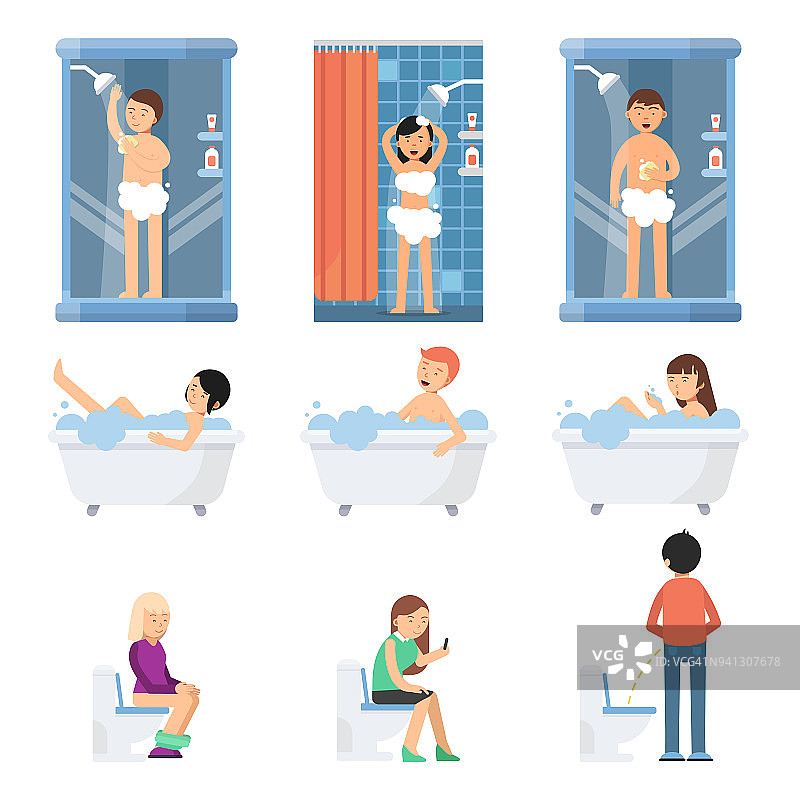 不同有趣的人在浴室洗澡。平面风格的矢量图片图片素材