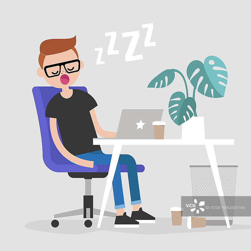 疲惫的年轻员工在工作场所睡觉。小睡。办公室。平面可编辑矢量插图，剪辑艺术图片素材