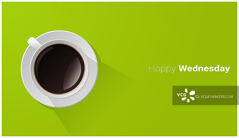 快乐星期三与顶视图的一杯咖啡在绿色的背景，矢量，插图图片素材