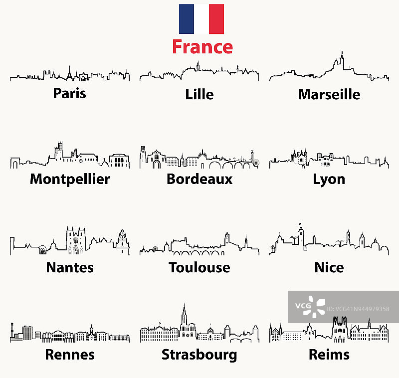 矢量轮廓图标的法国城市天际线图片素材