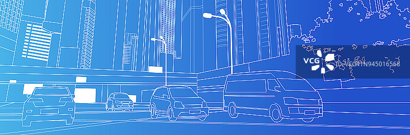 细线城市景观与道路上的汽车在摩天大楼的背景图片素材