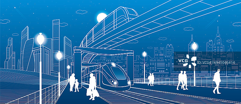 基础设施和交通全景。单轨铁路。人们行走。火车移动。明亮的平台。现代的夜晚的城市。塔和摩天大楼。蓝色背景上的白线。矢量设计艺术图片素材