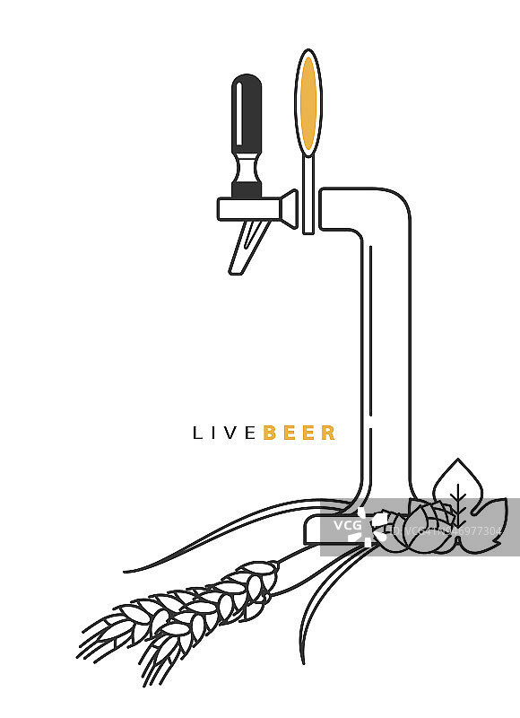 啤酒龙头，小麦和啤酒花。矢量插图在现代线性风格。图片素材