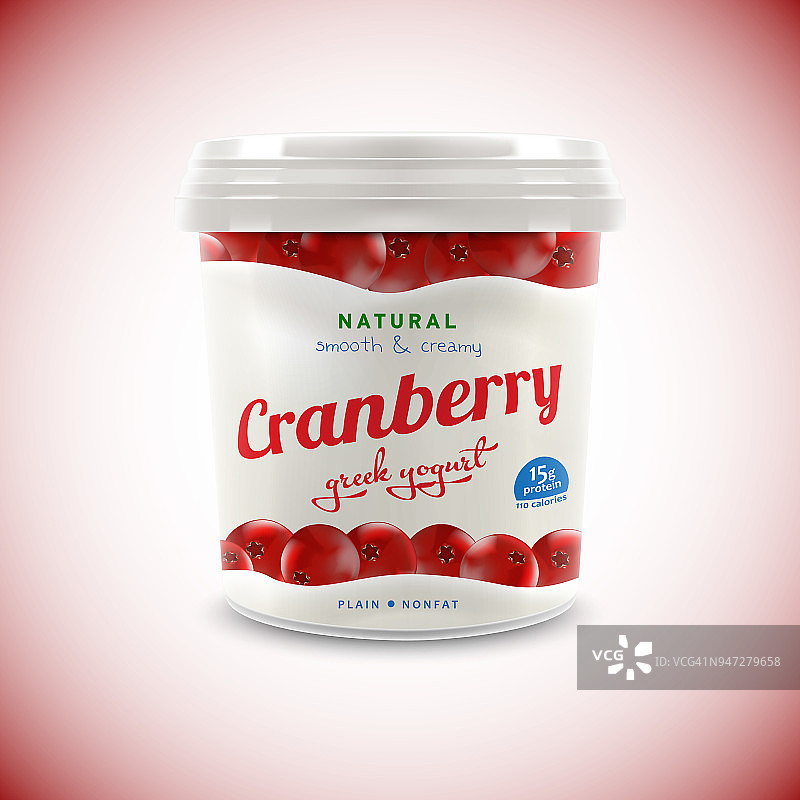 希腊酸奶广告以自然的蔓越莓口味在牛奶漩涡商业矢量逼真的插画图片素材