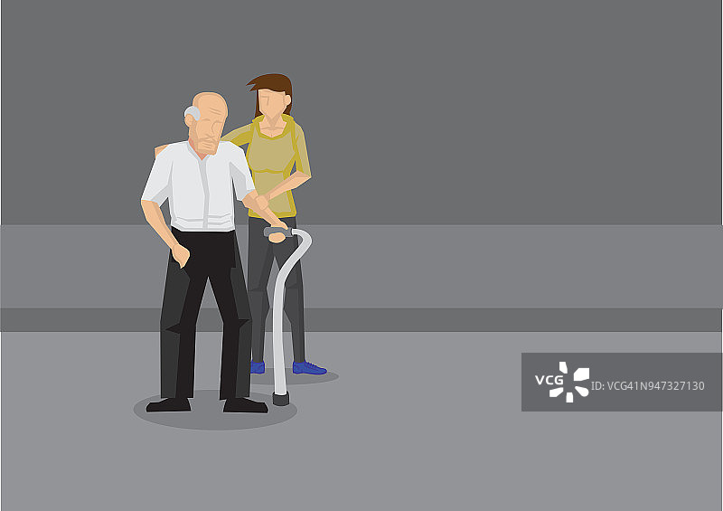 帮助老人过马路的看护者卡通矢量插图图片素材